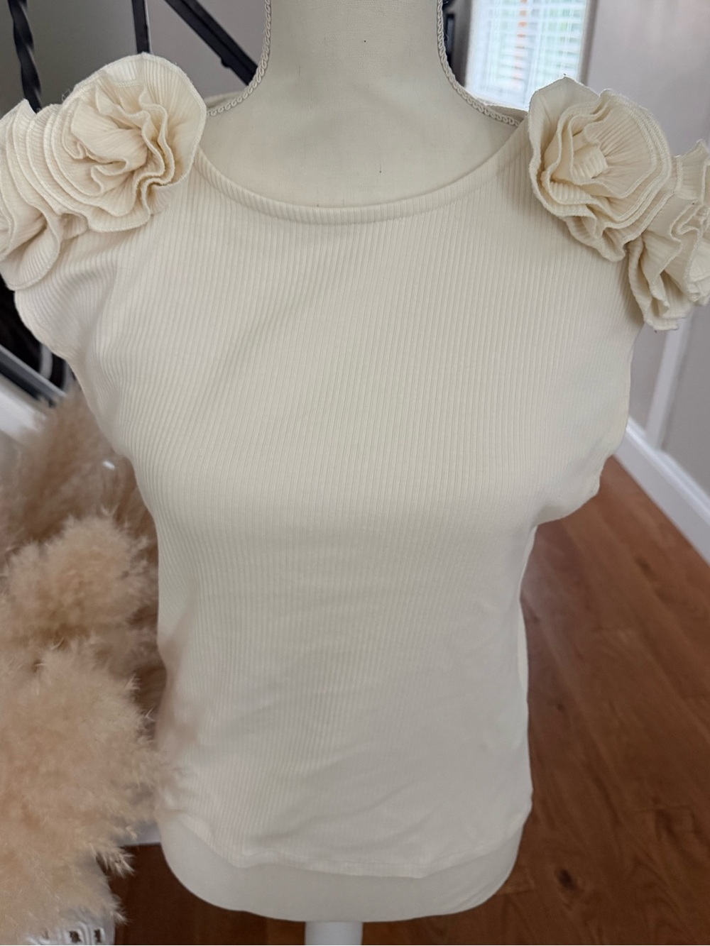 J. Crew Cream Ribbed Tank with Floral Shoulder Ruffles